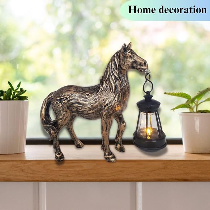 Horse Garden Statue with Solar Lantern,Garden Outdoor Horse Figurines Decor for Farmhouse Patio Yard Lawn Home Gifts for Mom Grandma Wome Housewarming Christmas Birthday (Bronze)