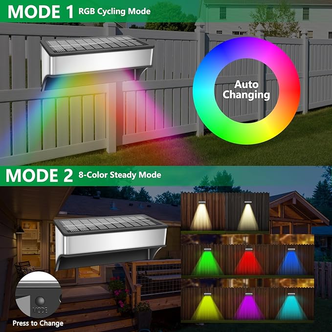 Solar Fence Lights Outdoor 12 Pack, LED Step Lights with 9 Lighting Options, Stainless Steel & IP65 Waterproof, Dusk to Dawn, Solar-Powered Wall Lamps for Outside, Deck, Steps, Patio, Backyard Decor