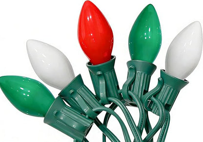 25Ft Multicolor Christmas Lights Outdoor, C7 Vintage String Lights with 25 Red Green White Ceramic Incandescent Bulbs, Hanging Patio Lights for Porch Roofline Xmas Tree Garden Valentine's Day Decor