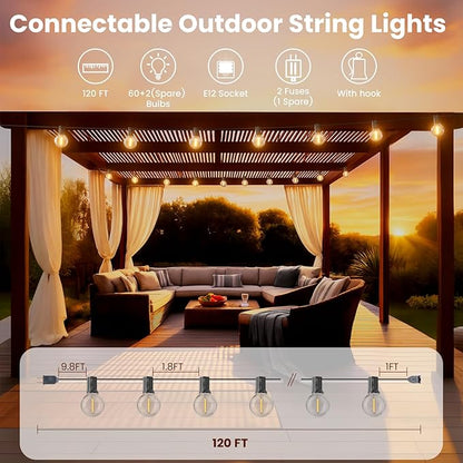 RTTY Dense-Glow Outdoor String Lights 120ft, G40 Led Patio Globe Lights with 62pcs Bulbs,Shatterproof Waterproof Connectable Hanging for Porch Cafe Bistro Backyard Gazebo Balcony Deck Party