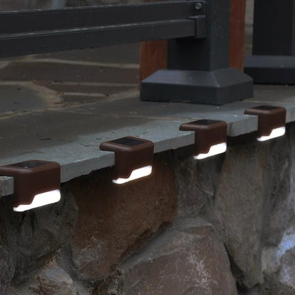 Maxsa 47332 Solar-Powered LED Deck and Railing Lights, Auto On/Off Dusk-to-Dawn, Weatherproof for Decks, Steps, and Railings, Brown Finish, 4-Pack