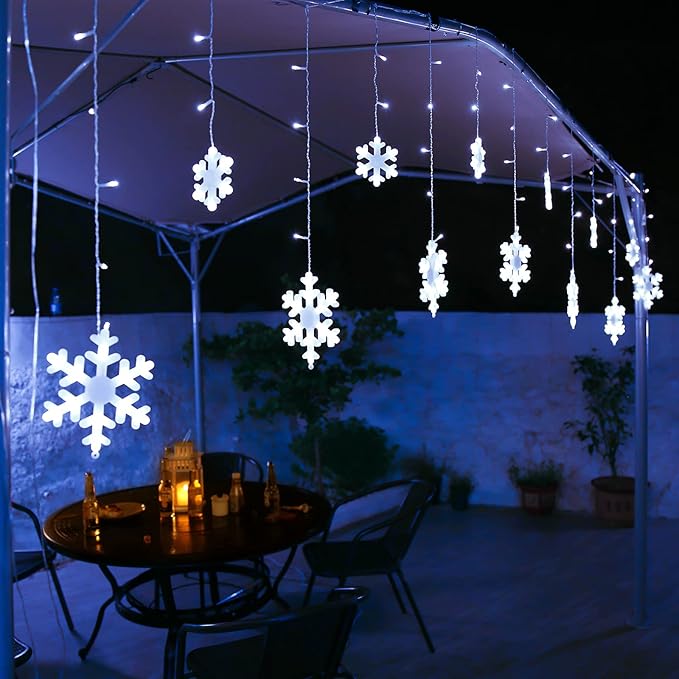 Toodour Christmas Snowflake Lights Outdoor, 17.22ft 264 LED Snowflake Icicle Lights with 22 Drops, Connectable, 8 | Lumora