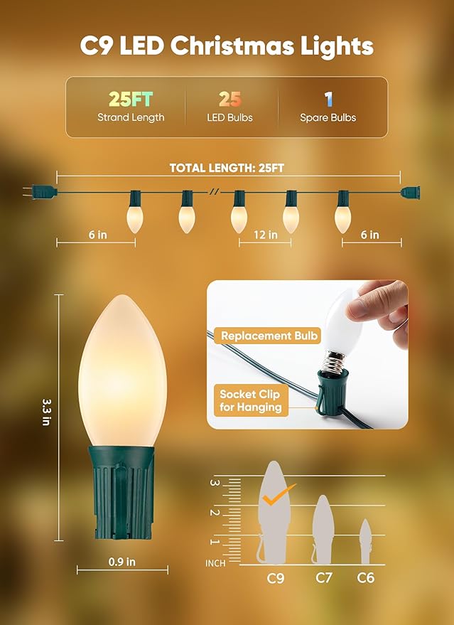 Minetom Vintage C9 LED Christmas Lights Outdoor, 25 Feet C9 String Lights with 25 Shatterproof Matte Bulbs, Connectable Waterproof Lights for Holiday Party Roofline Backyard Garden Patio, Warm White