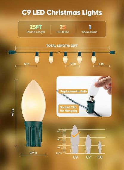 Minetom Vintage C9 LED Christmas Lights Outdoor, 25 Feet C9 String Lights with 25 Shatterproof Matte Bulbs, Connectable Waterproof Lights for Holiday Party Roofline Backyard Garden Patio, Warm White