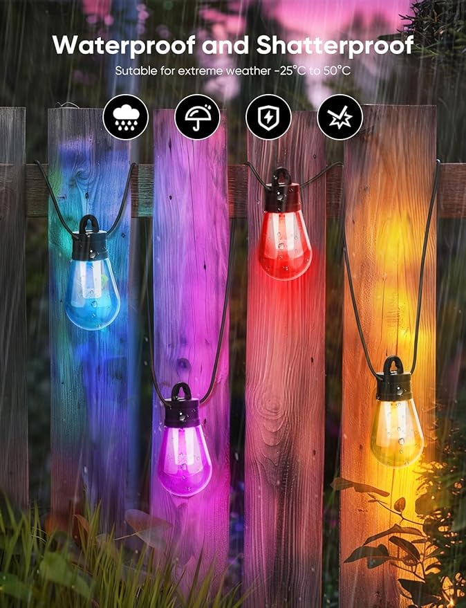 APPECK Outdoor String Lights, 50ft Smart RGBW Outdoor Patio Lights with 15 LED Bulbs, Extendable, 111 Scene Modes, IP65 Waterproof Lighting for Outside, Halloween Decor, Compatible with Alexa