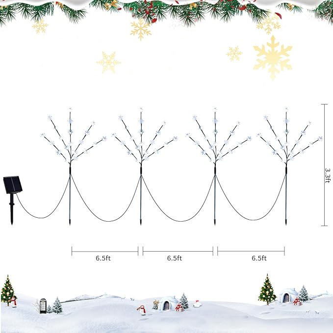 Solar Christmas Pathway Lights for Outside, 4 Pack Artificial Tree Snowflake Stake Lights, Waterproof Christmas Decorations for Yard Garden Patio Party Winter Decor (Multi-Colored)