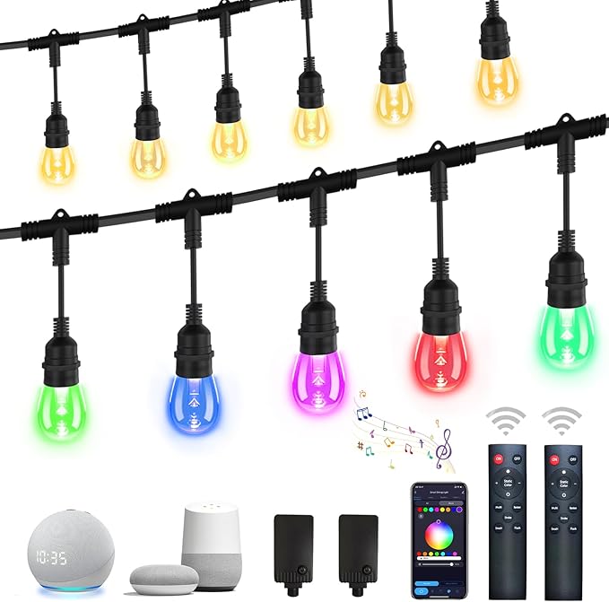 96ft Smart LED Outdoor String Lights, IP65 Music Sync Color Changing, 30 WiFi S14 Shatterproof Bulbs, Works with Alexa Google Assistant, for Patio Cafe St. Patrick's Day Holiday Decor