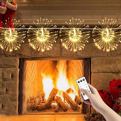 Remote Firework Led Copper Wire Starburst Lights, 4 Connection Total 480 LED Fairy Twinkle String Lights, 8 Modes With Remote Control, Dimming, Timer (Warm White)