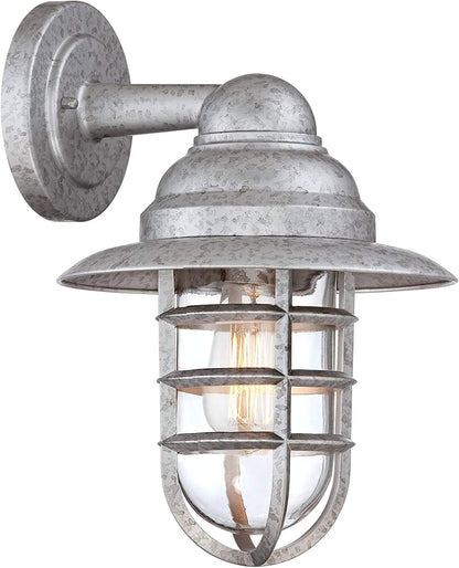 John Timberland Marlowe 13 1/4" High Farmhouse Rustic Modern Hooded Cage Outdoor Wall Light Fixture Mount Porch House Exterior Outside Set of 2 Edison Bulb Weatherproof Galvanized Clear Glass Shade