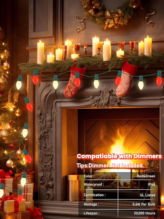 SUNSGNE C7 LED Vintage Christmas Lights, 25ft Outdoor Christmas String Lights with 27 Red and White LED Bulbs(2 | Lumora