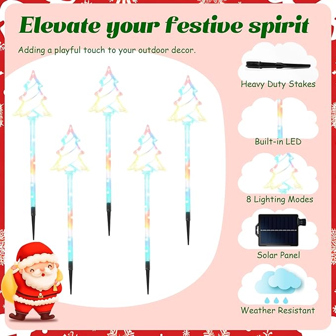Garden Christmas Decorations Pathway Outdoor Solar, 27 inches Lighted Xmas Tree Solar Christmas Lights with 8 Modes Waterproof String Lights, Outdoor Lights for Yard Patio Walkway-5PCS