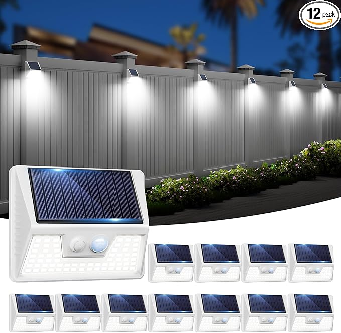 12 Pack Solar Lights Outdoor Motion Sensor, Waterproof Fence Lights with 3 Lighting Mode, Cool White LED Security | Lumora