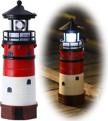 Lighthouse with Rotating Beacon LED Lights - Solar Lighthouse Lamp Outdoor Decorative for Garden Patio Well Cover Gifts(Classic Red)