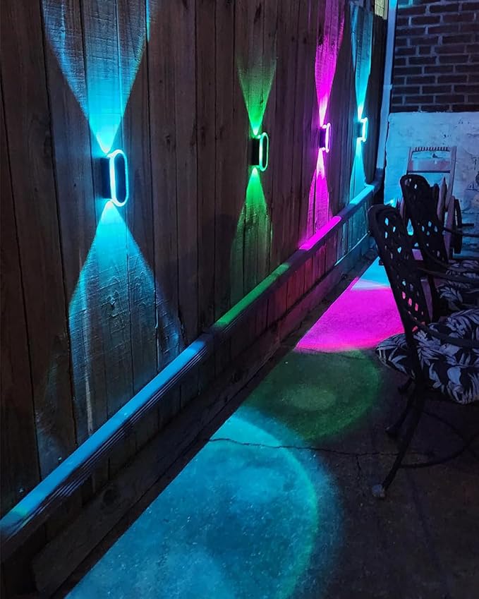6 Pack Solar Fence Lights Outdoor, RGBW Solar Wall Lights 8-Color Waterproof Top and Bottom Lighting Solar Powered for Garden/Pool Cage/Patio/Wall (2 Installation Modes)