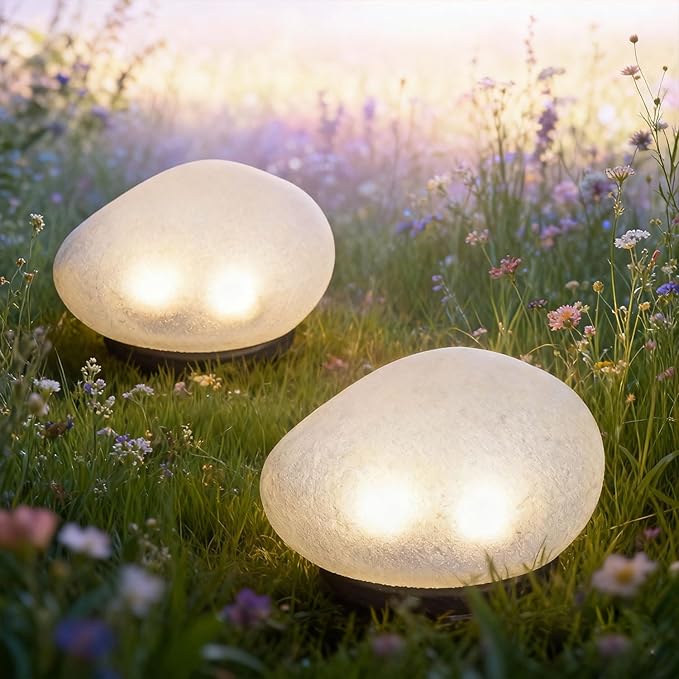 Solar Rock Garden Lights 2 Pack, Waterproof Outdoor Stone Lights, Warm White LED for Yard, Lawn, Pathway, Patio Decor
