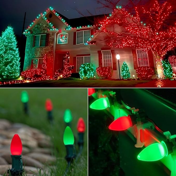 Couah C7 Christmas String Lights, 25FT Vintage Ceramic Christmas String Light Set 27 Red＆Green Bulb C7 Light(2 Spare) for Outdoor Holiday Party Wedding Decoration, Green Wire