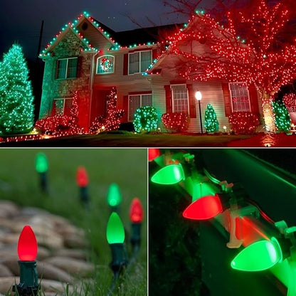 Couah C7 Christmas String Lights, 25FT Vintage Ceramic Christmas String Light Set 27 Red＆Green Bulb C7 Light(2 Spare) for Outdoor Holiday Party Wedding Decoration, Green Wire