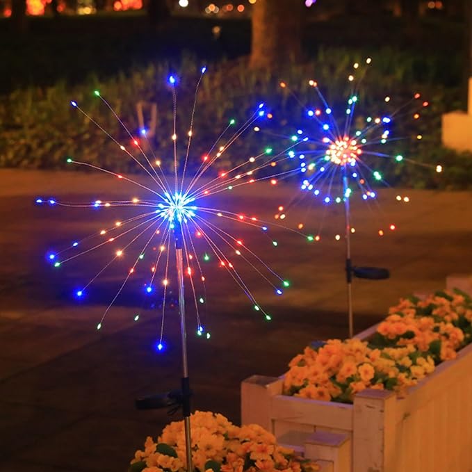 Solar Garden Firework Lights Outdoor Waterproof, 2 Pack 200 LED 8 Lighting Modes Sparklers Solar Twinkling Starburst Lights for Yard Flowerbed Pathway Fence Decorations, Multicolor
