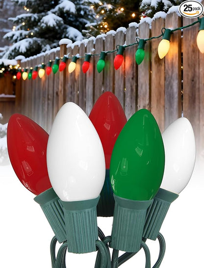 25Ft Red White and Green Christmas Lights,C9 Outdoor Christmas Lights with 26 Incandescent Bulbs(1 Spare),Extendable C9 String Lights Green Wire for Tree Xmas Roofline