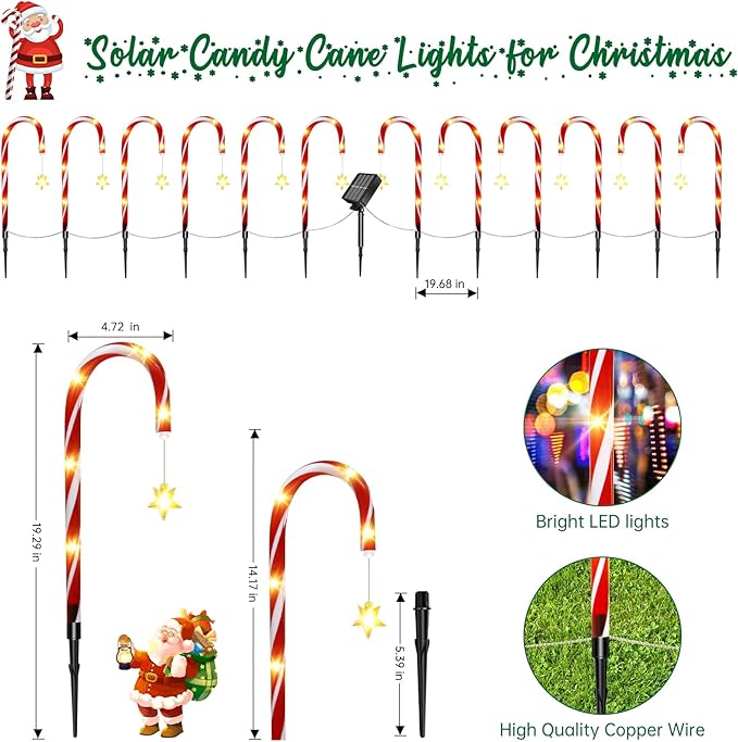 12 Pack Outdoor Christmas Decorations Solar Candy Cane Lights Solar Christmas Pathway Lights Outdoor Waterproof | Lumora