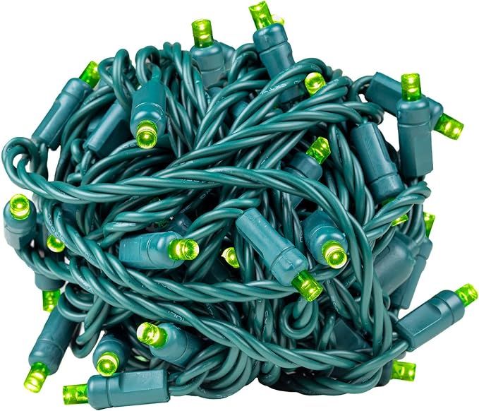 Novelty Lights 25ft 50 LED Lime Green Christmas Lights Outdoor/Indoor, 6" Spacing, Green Wire String Lights for Festive Xmas Lighting, IP55, UL Listed, Dimmable, Connectable
