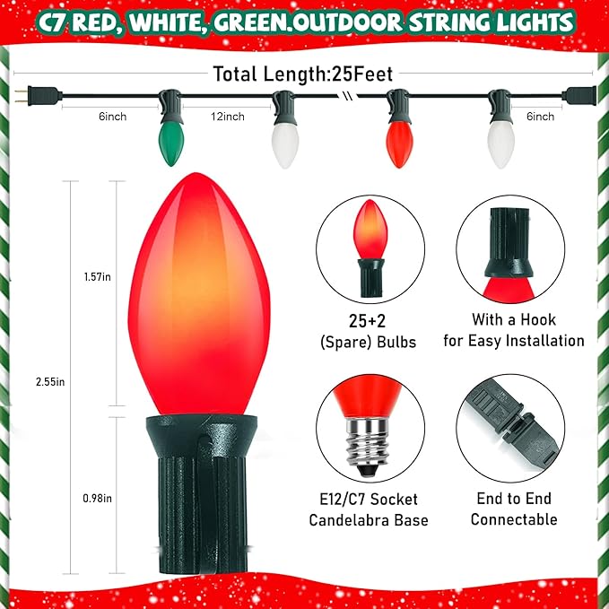 C7 Red White and Green Christmas Lights, 25Ft Vintage Christmas Lights with 27 Ceramic Bulbs, Connectable Xmas Tree Lights Waterproof for Outdoor Roofline Winter Party Holiday Wedding Christmas Decor