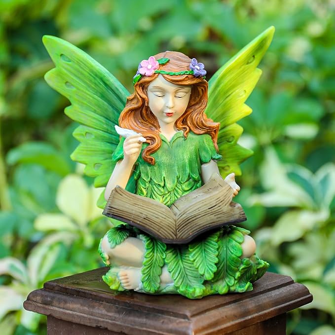 Afirst Solar Garden Fairy Statue, Green Fairy Solar Light Outdoor Resin Statues Figurine Light, Angel Reading Book | Lumora