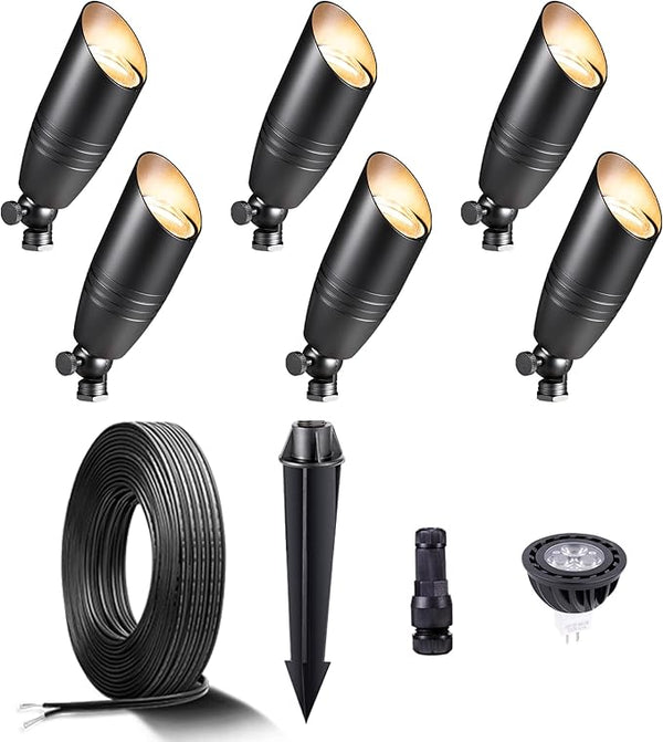 Gardenreet Black Brass Low Voltage Landscape Spotlights(6-Pack) Kit 12V LED with 100 Feet Wire and 30Pack | Lumora