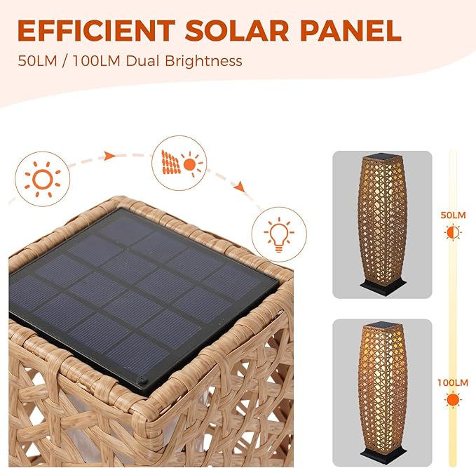 Grand patio Outdoor Floor Lamp Solar Lantern, Water-Resistant Natural Wicker Boho Patio Light with 50/100 Lumens Dual Brightness & Memory Mode for Garden Porch Deck Decor, Large Diamond Natural
