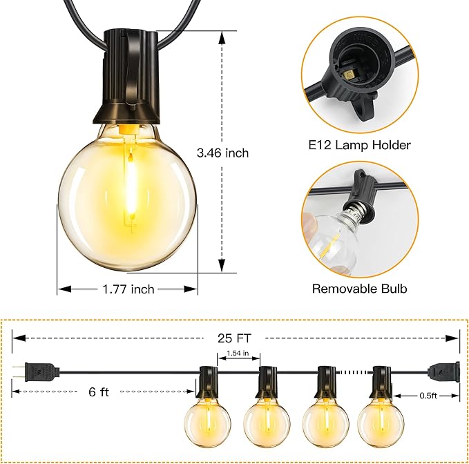 Ollny G40 25FT Outdoor String Lights 13 Edison + 1 Spare LED Bulbs