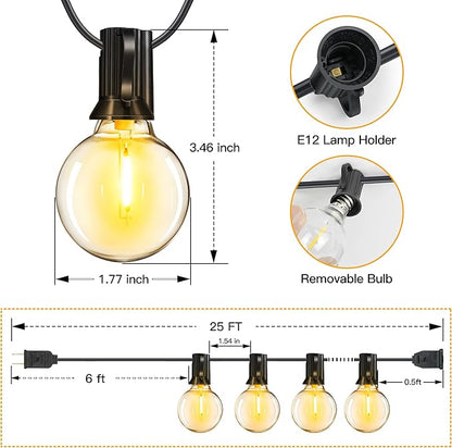 Ollny G40 25FT Outdoor String Lights 13 Edison + 1 Spare LED Bulbs