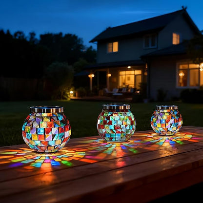 Cooo 6 Pack Gift for her him Landscape Lighting Path Lights Heavy Solar Mosaic Lantern with RGB Color-Changing Light – Dual Solar Panels, Red Amber Glass Tiles, Waterproof Outdoor