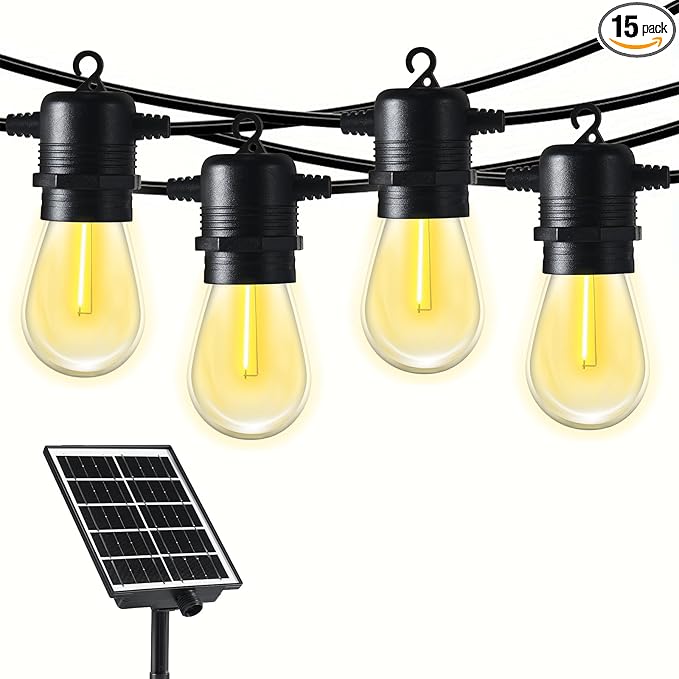 Aoxun 50FT LED Outdoor String Lights with 15 Edison Shatterproof Bulbs(2 Spare), Waterproof Hanging Lights for Gazebo, Porch, Deck, Garden, Backyard