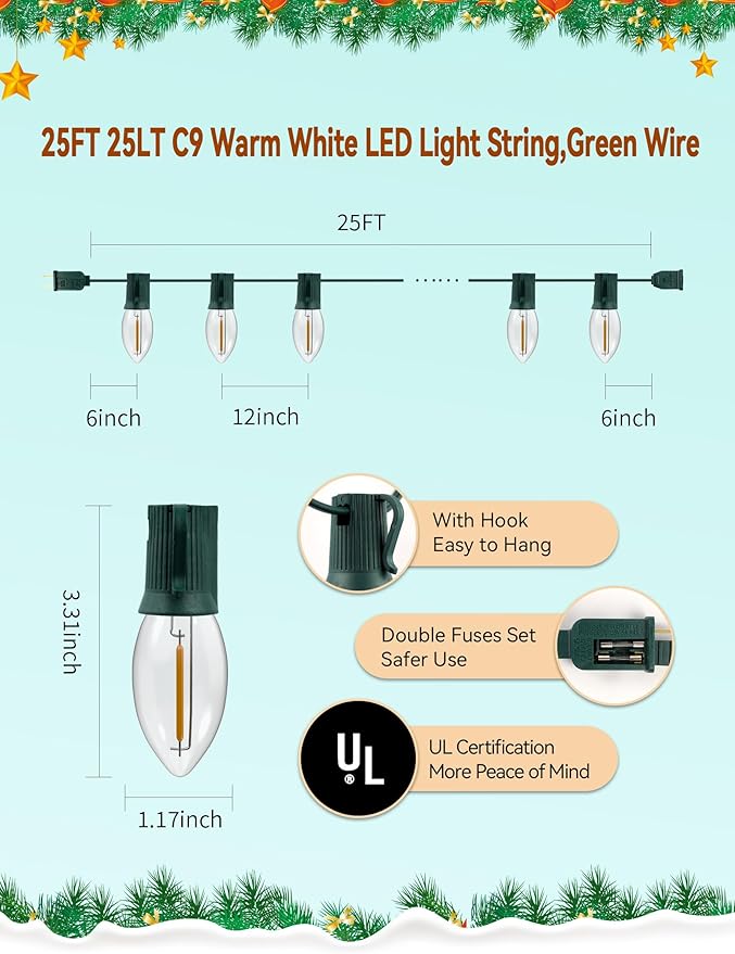 Vintage Christmas Lights Outdoor - 25FT C9 LED String Lights with 25 Warm White Bulbs, Waterproof & Connectable for Holiday, Xmas Tree, Porch, Party Decorations (Green Wire)