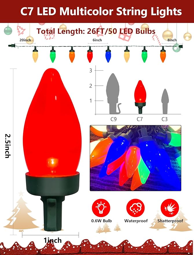 C7 LED Valentine's Day Lights Outdoor, 26Ft Outdoor Christmas Decoratios, Vintage String Lights Waterproof with 50 LED C7 Multicolor Bulbs, Night Lights for Indoor Roofline Backary Garden House Party