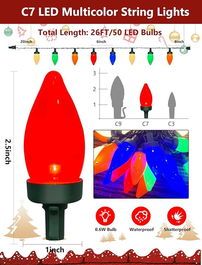 C7 LED Valentine's Day Lights Outdoor, 26Ft Outdoor Christmas Decoratios, Vintage String Lights Waterproof with 50 LED C7 Multicolor Bulbs, Night Lights for Indoor Roofline Backary Garden House Party