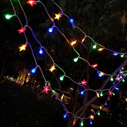 Festival Lights, Battery Powered Fairy Lights 33ft 80LED, Outdoor Waterproof String Lights with Remote, 8 Modes for Indoor, Garden, Patio, Camping, Xmas Decor (Stars+Colored Crystal Ball B)