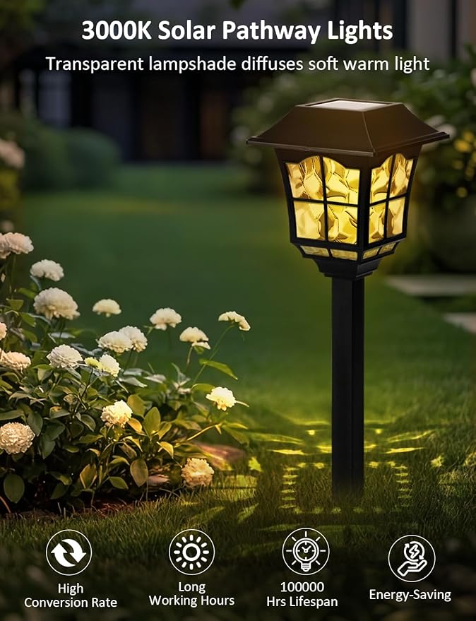 Solar Pathway Lights Outdoor, 8 Pack Waterproof Solar Powered Garden Light, 3000K Warm White LED, Path Landscape Lighting, Auto On/Off, Outside Decor Lights for Garden, Yard, Walkway, Driveway, Lawn