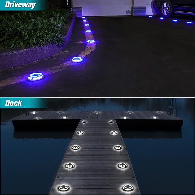 VOLISUN Solar Driveway Lights Dock Outdooor Waterproof Marker Lights,12 Pack Solar Deck Light 2 Colors in 1 Led IP67, Blue Step Light for Driveway Sidewalk Pathway Yard(White/Blue)