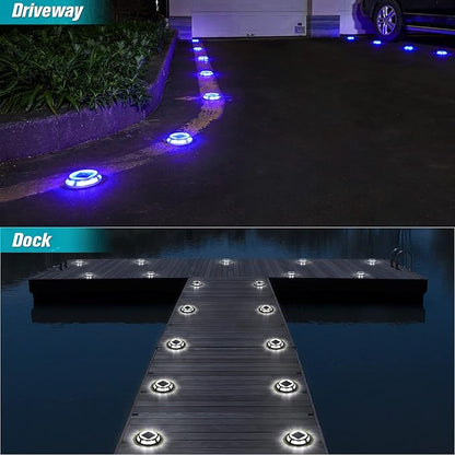 VOLISUN Solar Driveway Lights Dock Outdooor Waterproof Marker Lights,12 Pack Solar Deck Light 2 Colors in 1 Led IP67, Blue Step Light for Driveway Sidewalk Pathway Yard(White/Blue)