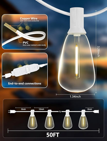 Outdoor String Lights 50FT Patio Lights with 25 Shatterproof, String Lights Outdoor Waterproof with ST35 LED Vintage Edison Bulbs, Hanging Light for Outside Backyard Garden-White