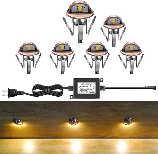 6 Pack LED Stair Lights Kit Low Voltage Waterproof IP65 Outdoor 1-2/5" Recessed Wood LED Deck Lighting Yard Garden Patio Step Landscape Pathway Decor Lamps,Warm White