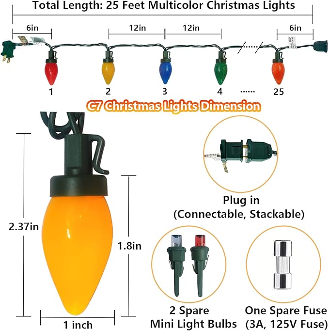 25Ft Christmas Lights Outdoor, C7 LED Christmas Lights with 25 Shatterproof Colored Light Bulbs, Plug in Waterproof Vintage Christmas Light for Patio Camping Garden Wedding Xmas Outdoor Decor