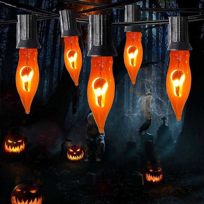 Christmas Flickering Orange String Lights Outdoor, 10Ft Flicker Flame Light 10 C7 Flame Bulb Lights, Outside Orange Light Plug in for Indoor Balcony Patio Party Christmas Halloween Decorations