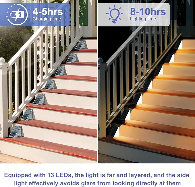 Solar Step Lights for Outside, 6 Pack Outdoor Waterproof IP67 Stair Lights, Powered for Front Porch, Pathway, Patio, Deck Decor, 3000K Warm White