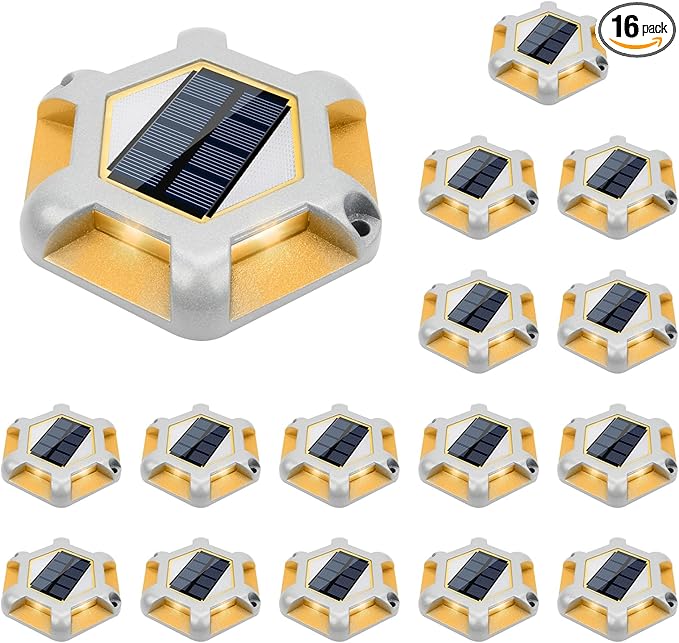 VOLISUN Solar Dock Lights - 16-Pack Waterproof Outdoor LED Aluminum Warning Step Lights for Driveway (Warm White & White, 2 Colors in 1), Auto On/Off