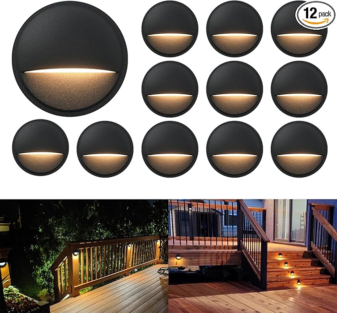 GKOLED 12 Pack Low Voltage LED Deck Lights, Landscape Step Lights Fixtures, 2W Integrated LED Chips, Die-cast Aluminum 12V AC/DC Railing Post Accent Lighting, Black Powder Coated Finish, UL-Listed