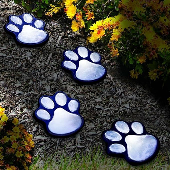 4 Solar Dog Animal Paw Print Lights Garden Statue Lantern Led Path 3" Light Lamp for Outdoor Garden Path Landscape Walkway Yard (Cool White)