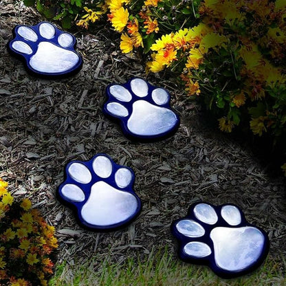 4 Solar Dog Animal Paw Print Lights Garden Statue Lantern Led Path 3" Light Lamp for Outdoor Garden Path Landscape Walkway Yard (Cool White)