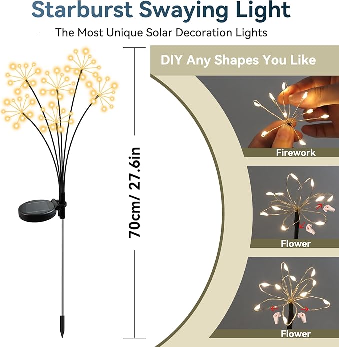 Solar Garden Lights 4 Pack Waterproof Swaying Starburst Light Solar Outdoor Lights for Yard Patio Walkway Pathway Party Wedding Decoration, Unique Gifts for Women, Warm White